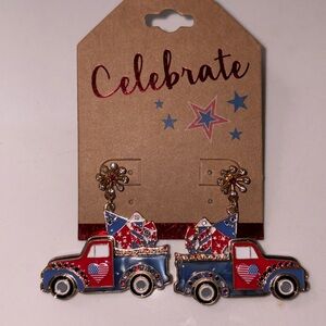 Patriotic Red, White & Blue Retro truck earrings with heart flag   NWT